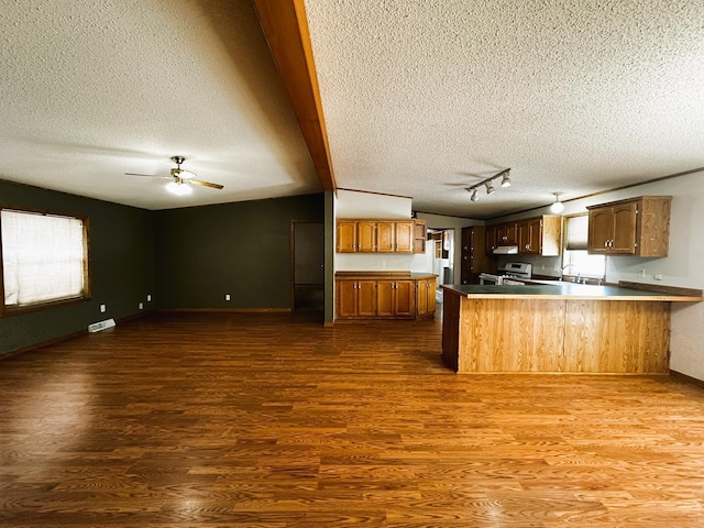 kitchen with dark wood-type flooring, stainless steel range oven, lofted ceiling with beams, a textured ceiling, and kitchen peninsula