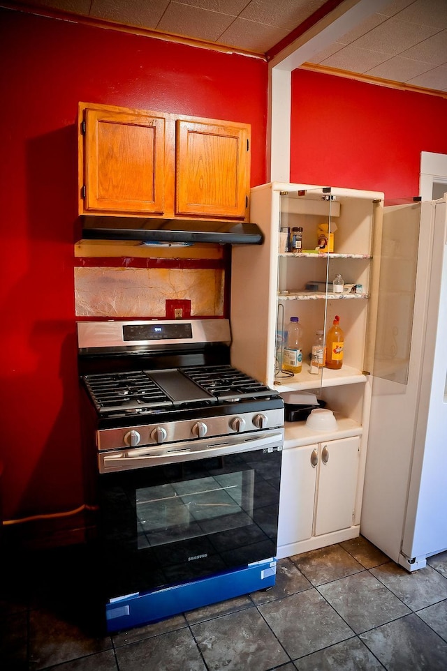 kitchen with white refrigerator and stainless steel range with gas stovetop