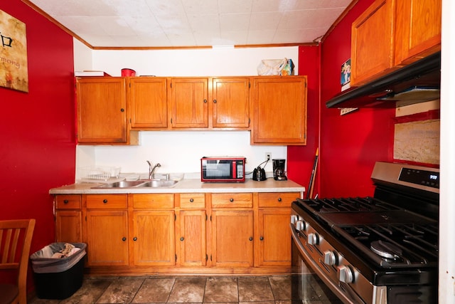 kitchen featuring sink, stainless steel gas range, and crown molding