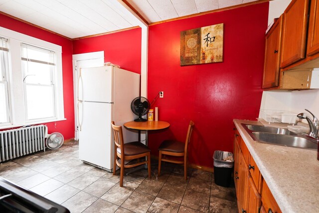 kitchen featuring radiator heating unit, crown molding, sink, and white refrigerator