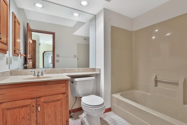 full bathroom with washtub / shower combination, toilet, vanity, and tile patterned flooring