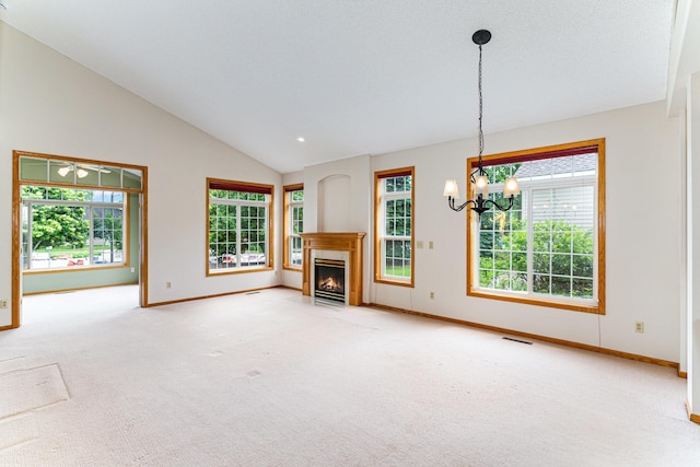 2695 Oak Ridge Trl, Woodbury, MN 55125 - unfurnished living room featuring carpet, a chandelier, a fireplace with flush hearth, and high vaulted ceiling