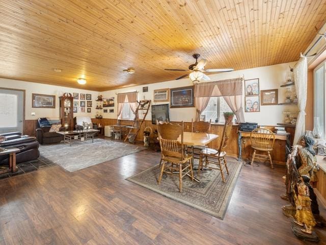 dining room featuring ceiling fan, dark hardwood / wood-style flooring, wood ceiling, and wood walls