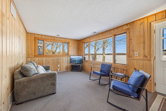 carpeted living room featuring a textured ceiling