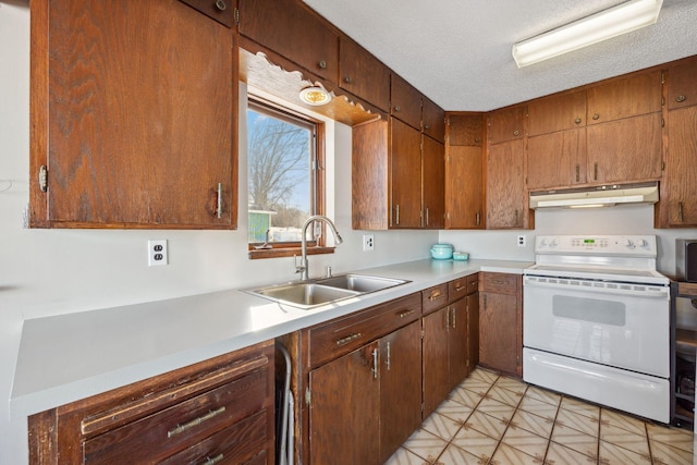 kitchen with white electric stove, sink, and a textured ceiling