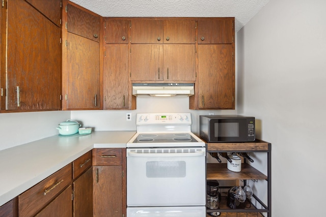 7364 Isaak Ave NW, Annandale, MN 55302 - kitchen with under cabinet range hood, white electric range, black microwave, light countertops, and a textured ceiling