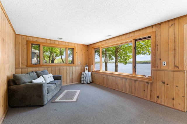 7364 Isaak Ave NW, Annandale, MN 55302 - carpeted living area featuring wood walls, a water view, a textured ceiling, and baseboards