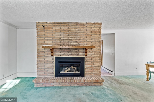 details featuring a brick fireplace, carpet floors, baseboard heating, a textured ceiling, and crown molding