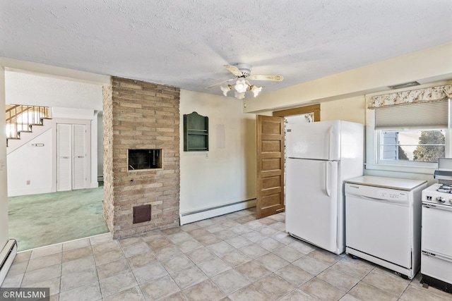 kitchen featuring baseboard heating, white appliances, a textured ceiling, ceiling fan, and light colored carpet