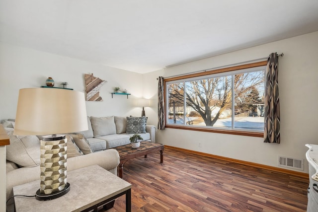 living room featuring dark wood-type flooring