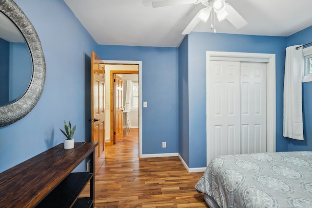 bedroom featuring dark hardwood / wood-style floors, ceiling fan, and a closet