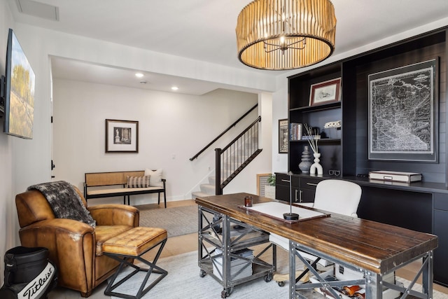 office area featuring a chandelier, light wood-style floors, baseboards, and recessed lighting