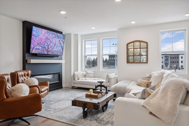 living area featuring wood finished floors, a glass covered fireplace, and recessed lighting
