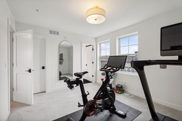 workout room featuring carpet flooring, visible vents, and baseboards