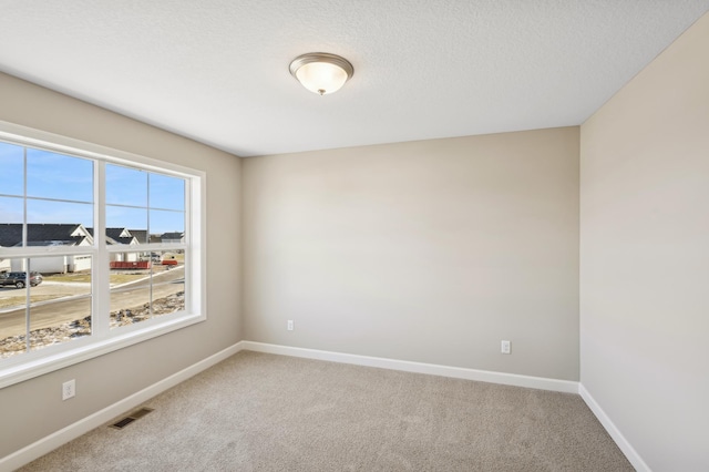 carpeted empty room with a textured ceiling