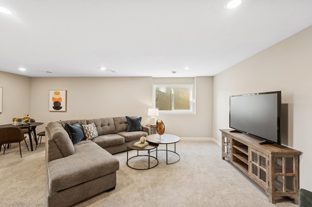 living room featuring light colored carpet