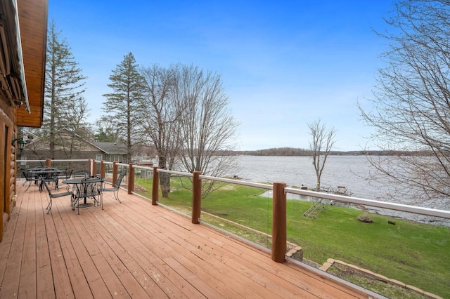 wooden terrace featuring a water view and a yard