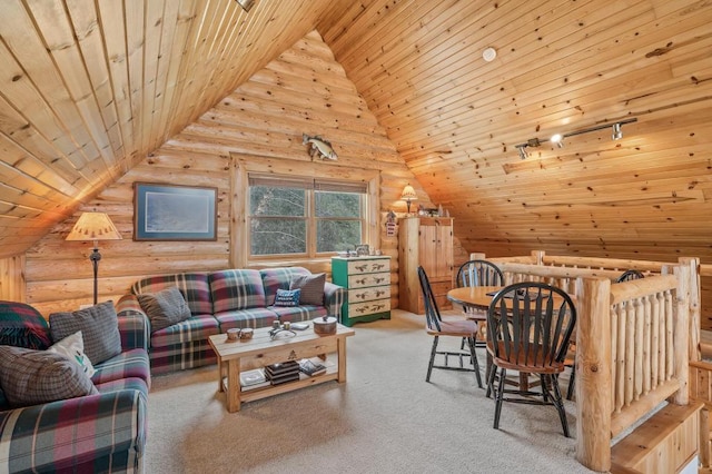 living room with lofted ceiling, wooden ceiling, and log walls