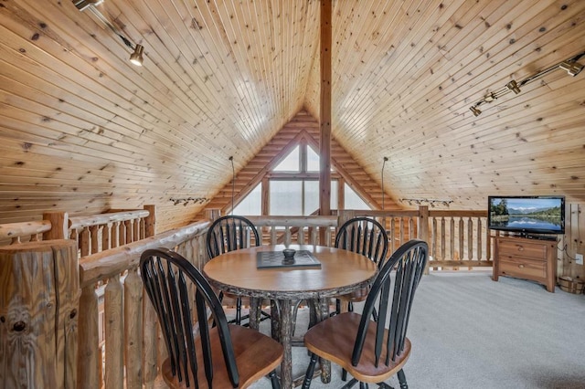 dining room featuring vaulted ceiling, wooden ceiling, carpet, and wood walls