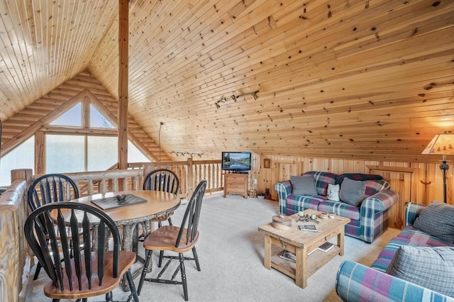 living room with light carpet, lofted ceiling, wood walls, and wooden ceiling