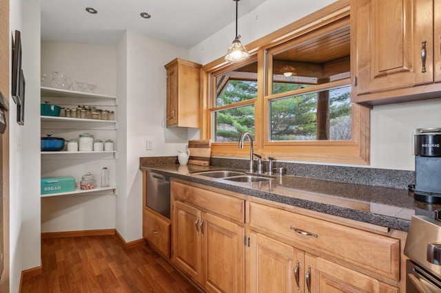 kitchen featuring decorative light fixtures, a wealth of natural light, dark hardwood / wood-style floors, and sink