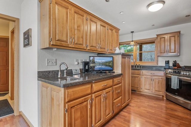 kitchen with hanging light fixtures, light hardwood / wood-style floors, stainless steel range with gas stovetop, and sink