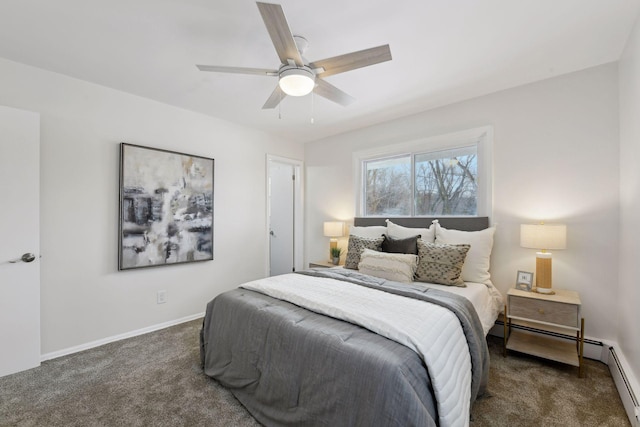 carpeted bedroom featuring ceiling fan and a baseboard heating unit