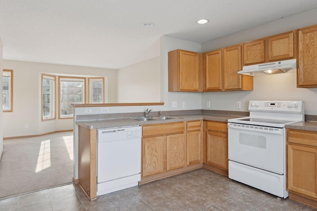 kitchen featuring light colored carpet, white appliances, kitchen peninsula, and sink