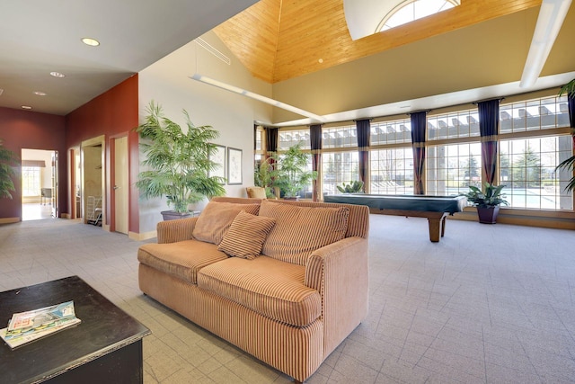 living room featuring high vaulted ceiling