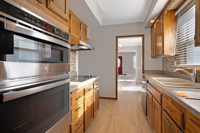 kitchen with sink, backsplash, stainless steel appliances, and light wood-type flooring