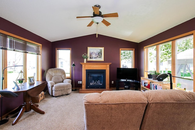 1406 Elsie Dr, Glencoe, MN 55336 - living room with a glass covered fireplace, vaulted ceiling, carpet, ceiling fan, and plenty of natural light