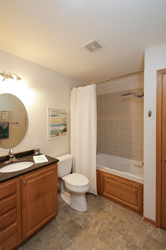 1406 Elsie Dr, Glencoe, MN 55336 - bathroom with toilet, a textured ceiling, vanity, and shower / bathtub combination with curtain