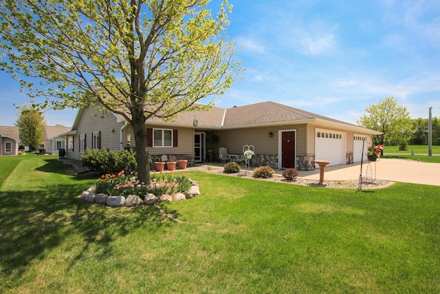 1406 Elsie Dr, Glencoe, MN 55336 - view of front of house with an attached garage, concrete driveway, stone siding, and a front yard