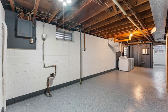 basement with electric panel and washer / dryer