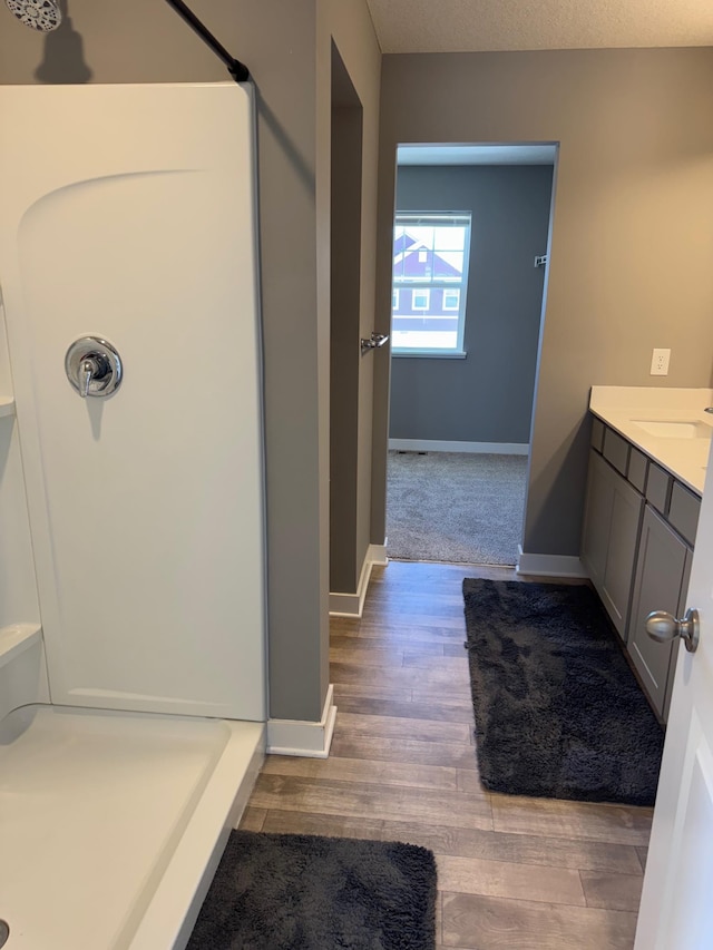 bathroom featuring hardwood / wood-style flooring and vanity