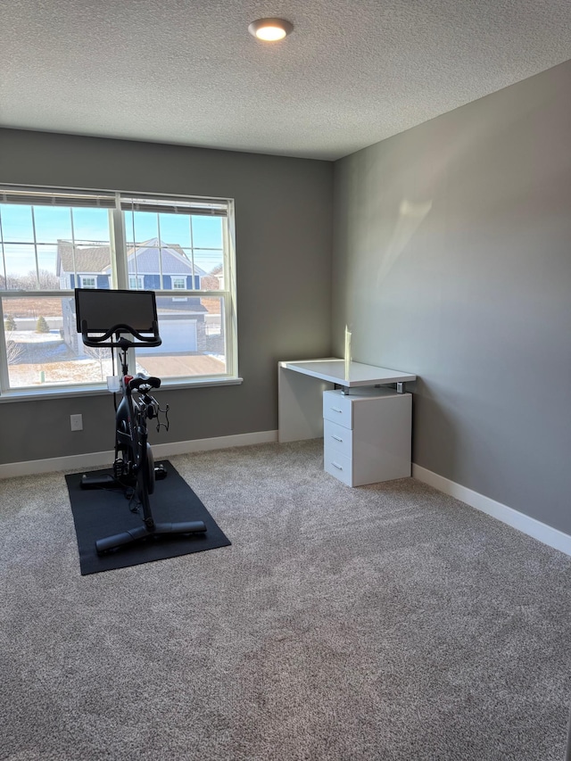 workout area featuring light carpet, a wealth of natural light, and a textured ceiling