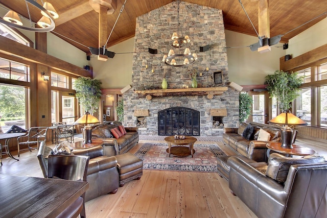 living room featuring high vaulted ceiling, a fireplace, wood-type flooring, and wood ceiling