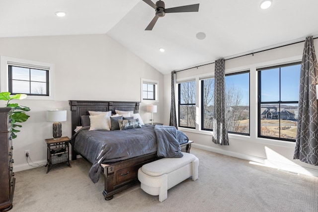 bedroom featuring recessed lighting, light colored carpet, visible vents, baseboards, and vaulted ceiling