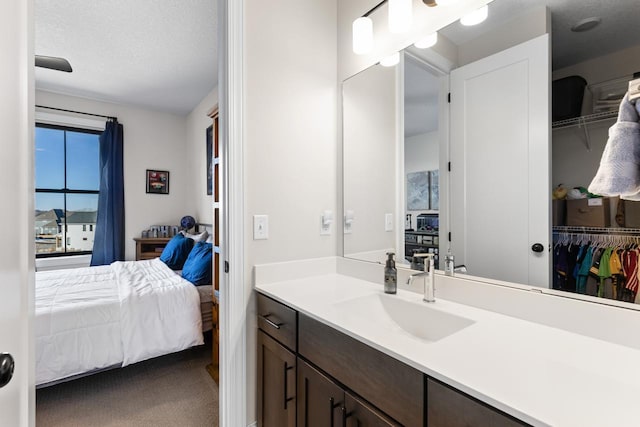 ensuite bathroom featuring vanity, a walk in closet, a textured ceiling, and ensuite bathroom