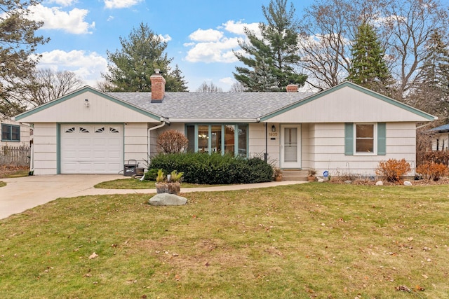 single story home featuring a front yard and a garage