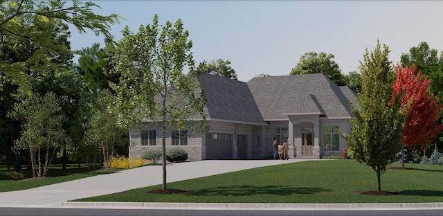 12803 Woodhaven Pl, Minnetonka, MN 55305 - view of front of property featuring a front lawn, concrete driveway, a garage, and stone siding