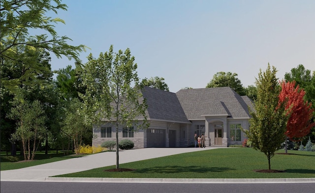 12803 Woodhaven Pl, Minnetonka, MN 55305 - view of front of home with concrete driveway, an attached garage, a front yard, and stone siding