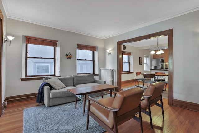 living area featuring crown molding, baseboards, and wood-type flooring