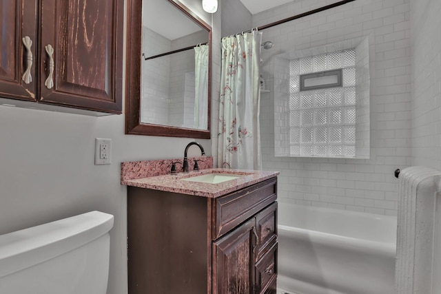 bathroom with vanity, radiator, shower / tub combo with curtain, and toilet