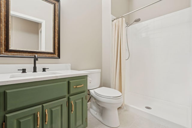 bathroom featuring walk in shower, vanity, toilet, and tile patterned flooring