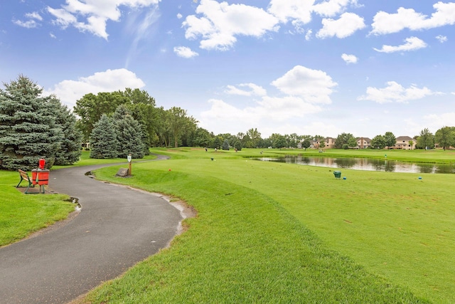 view of property's community with a yard and a water view