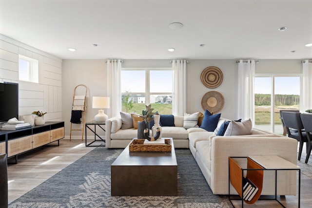 living room featuring wood finished floors and recessed lighting