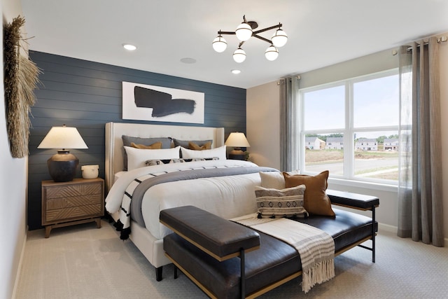 bedroom featuring recessed lighting, light colored carpet, and baseboards