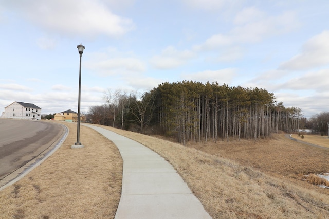 view of street featuring street lights and sidewalks