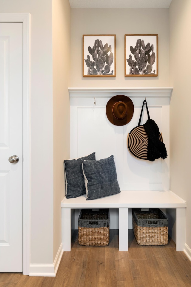 mudroom featuring baseboards and wood finished floors